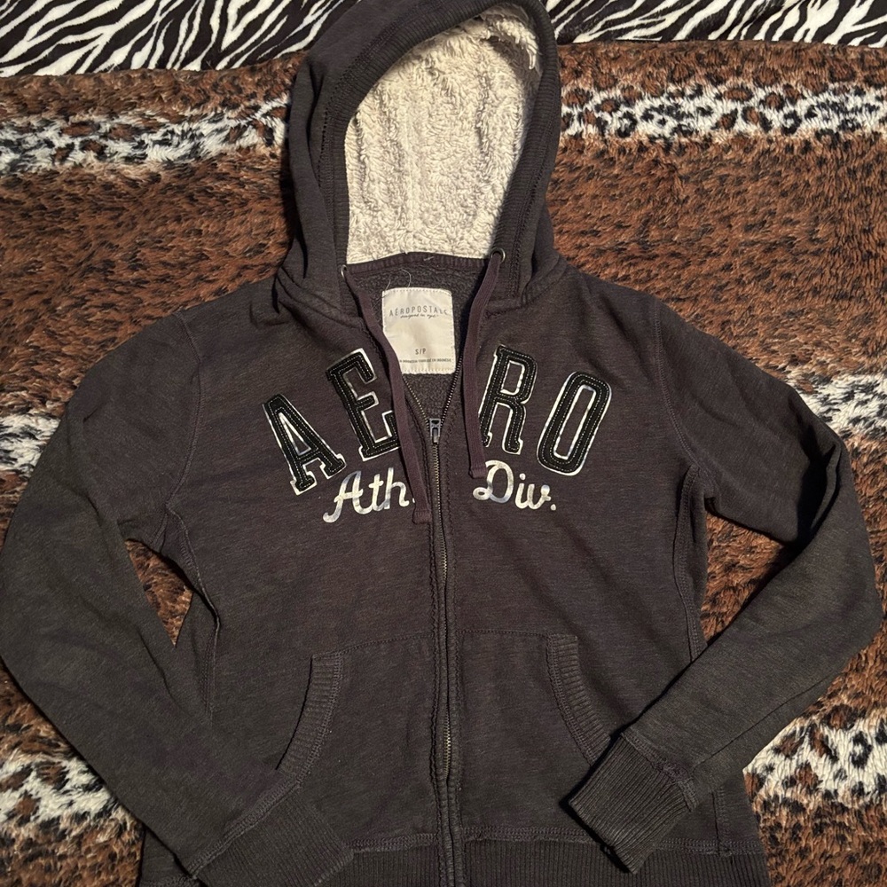 Aeropostale Dark Gray Hooded Zip Sweater with Sherpa Lining